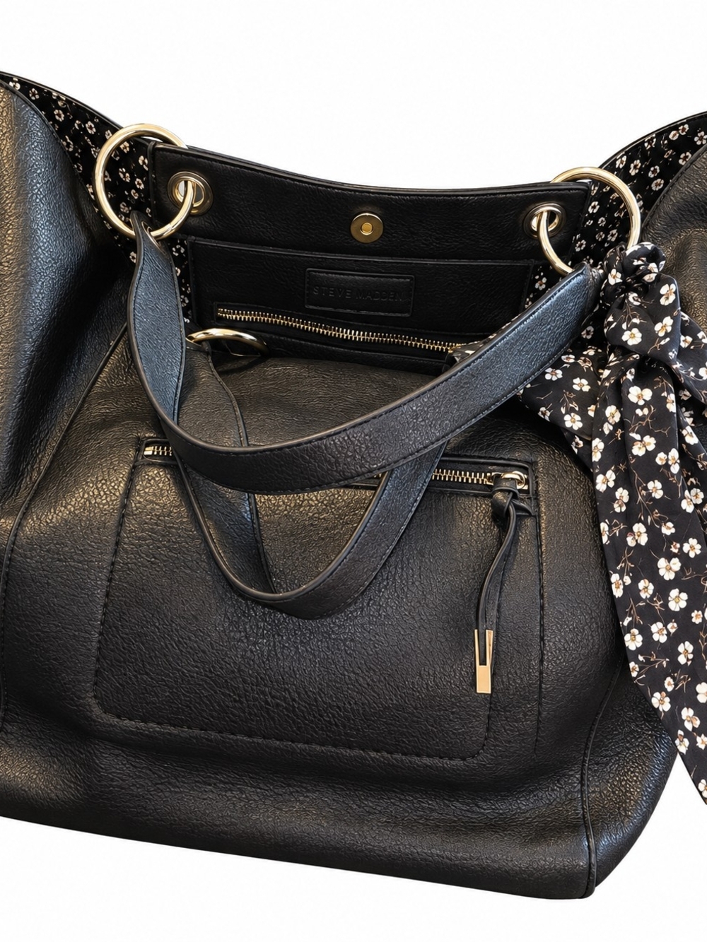 Steve Madden Black Pebbled Leather Large Shoulder Bag with Floral Scarf Accent